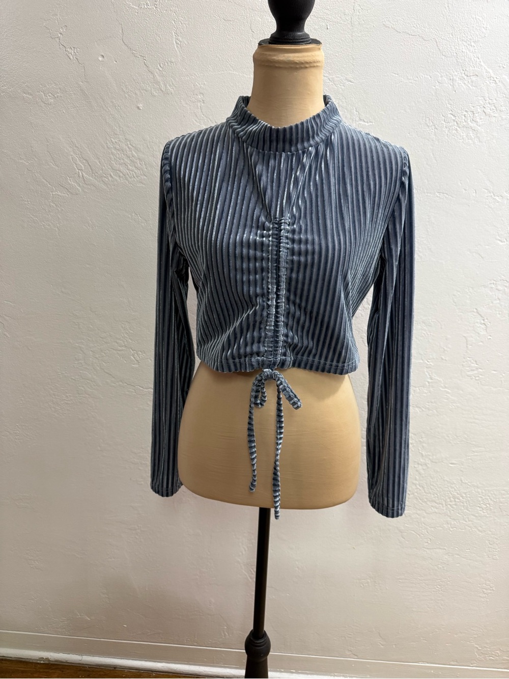 SHEIN Blue Striped Velvet Drawstring Crop Top